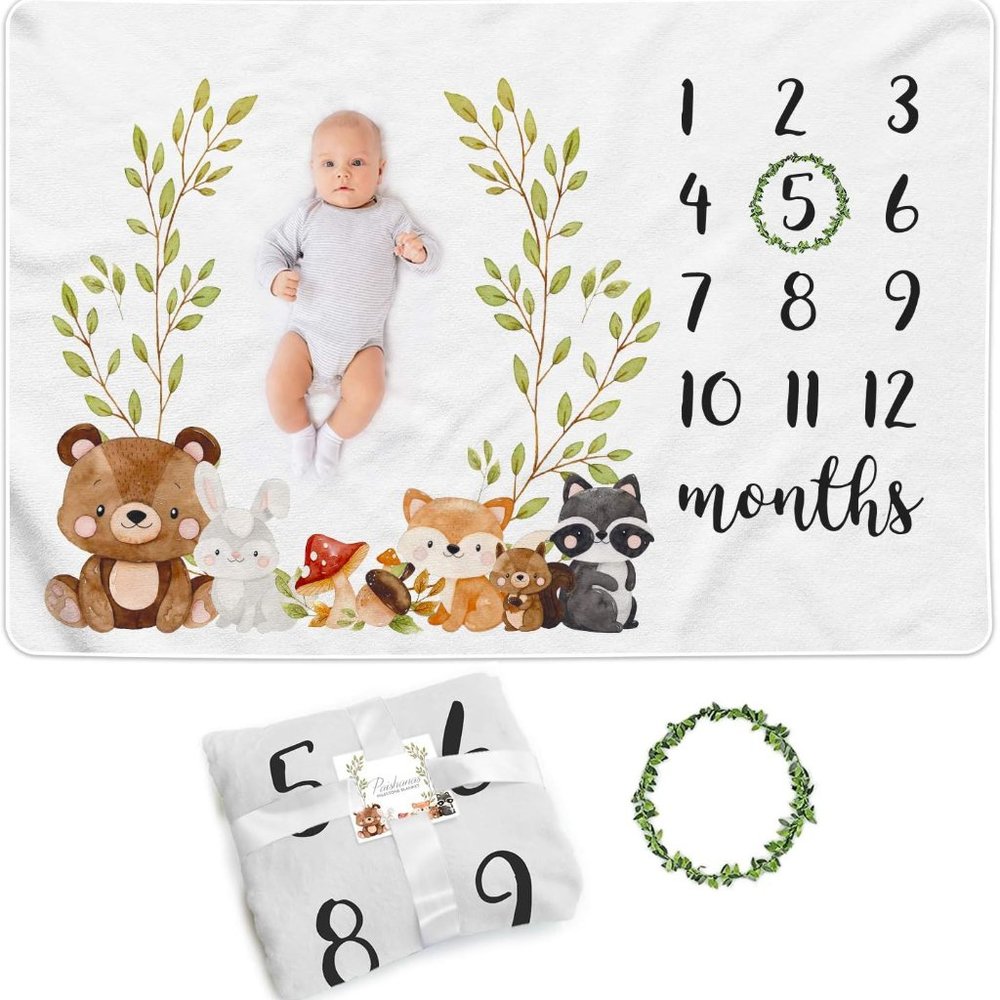 Woodland Animals Milestone Baby Blanket - White